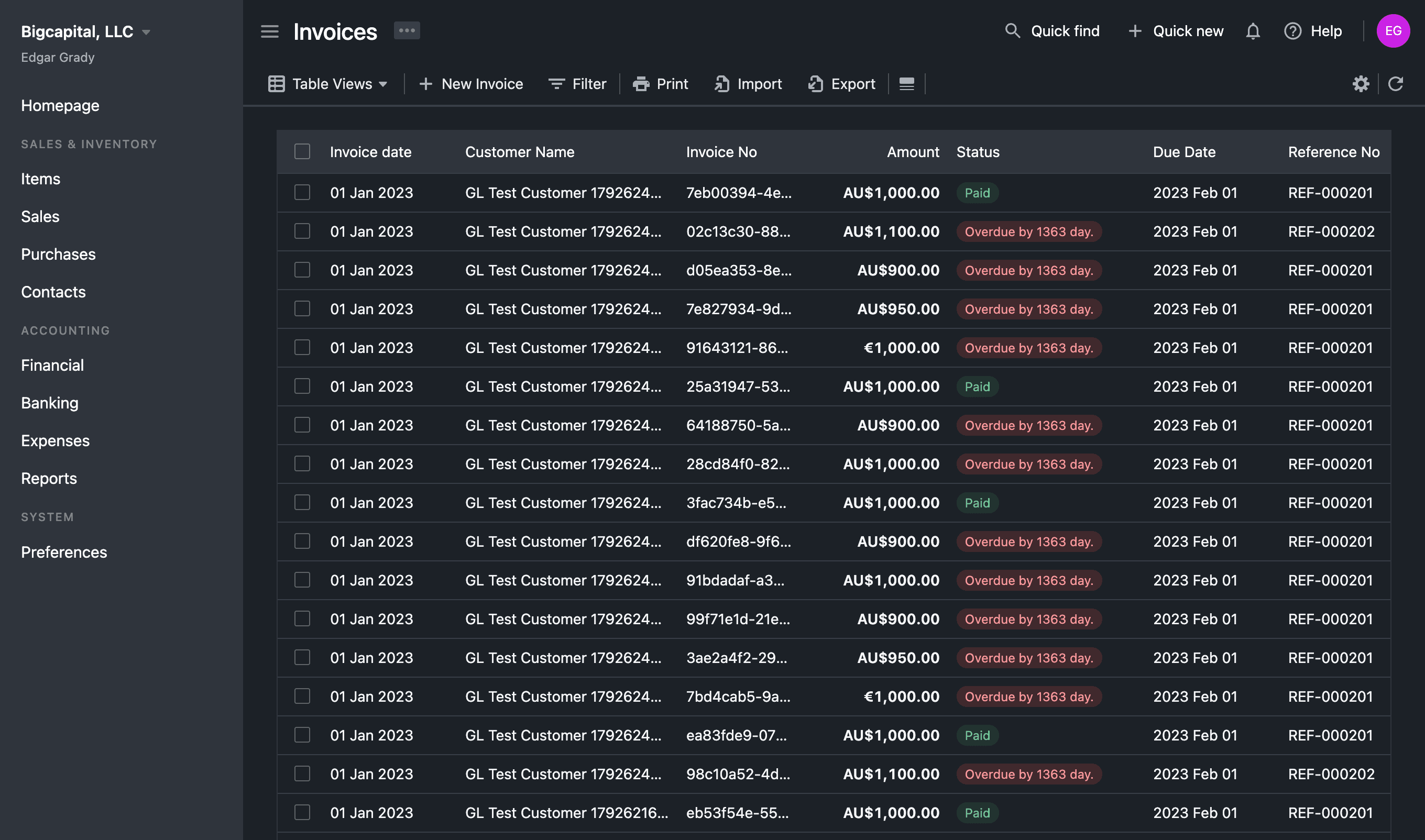 Invoices list in Bigcapital showing customer invoices, payment statuses, and due dates.