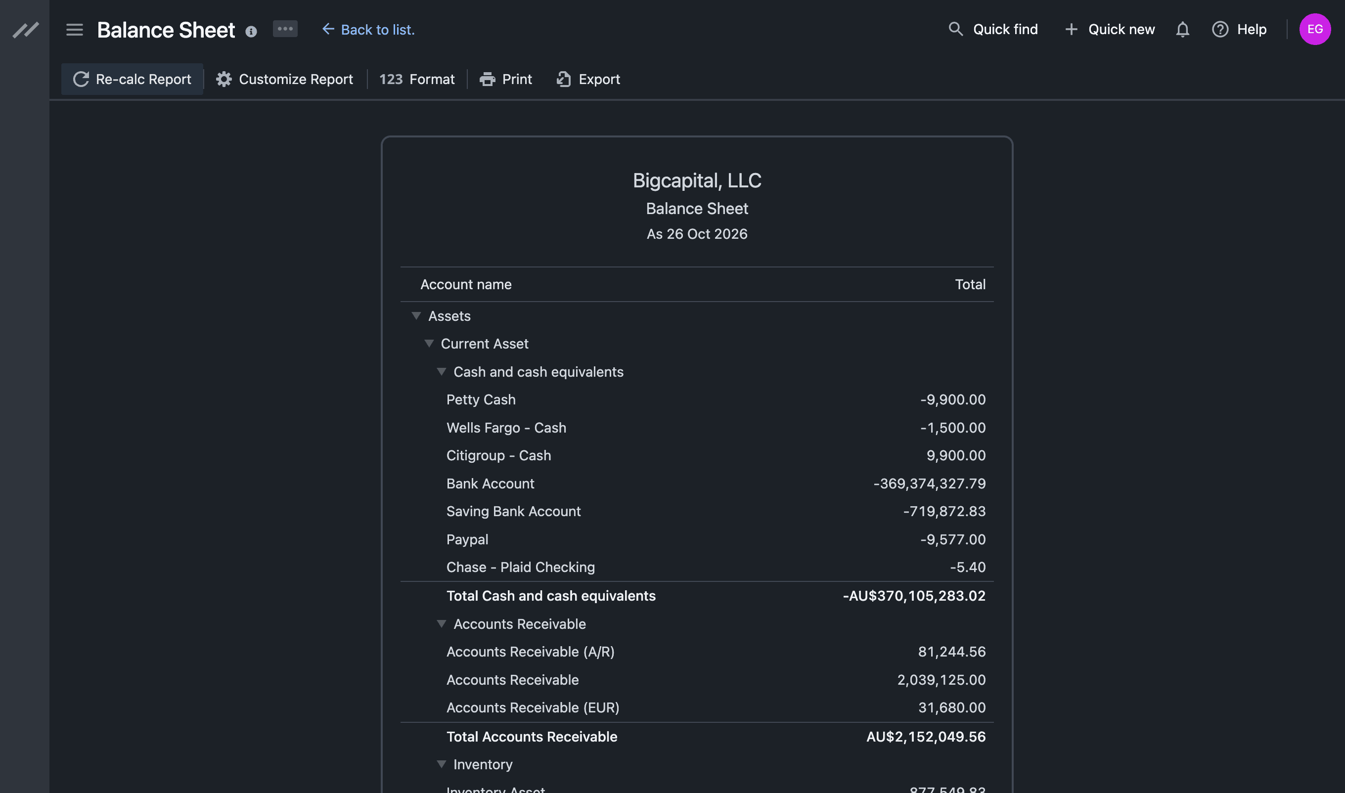 Balance sheet report listing asset account balances for Bigcapital, LLC.