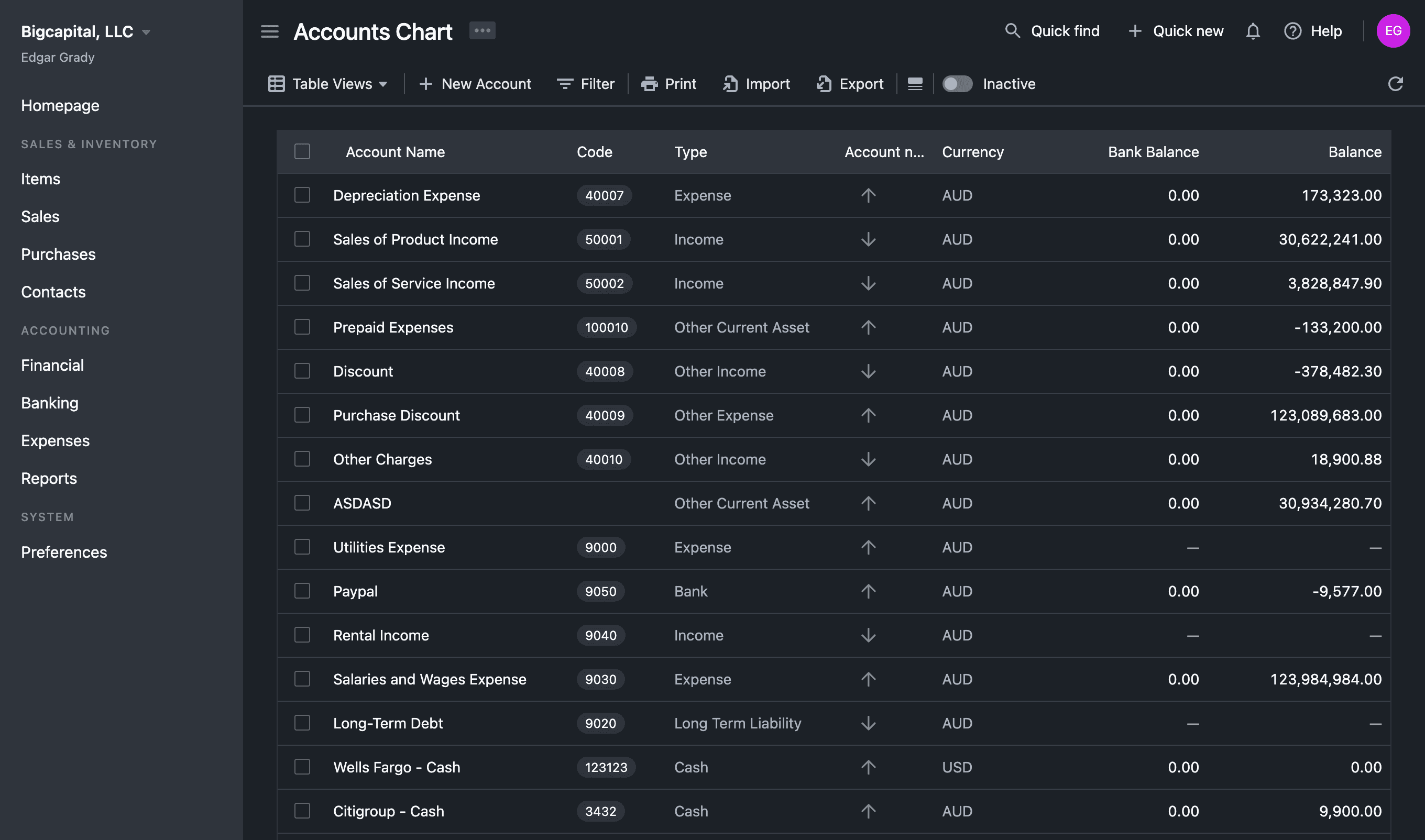 Chart of accounts listing account codes, types, currencies, and balances.