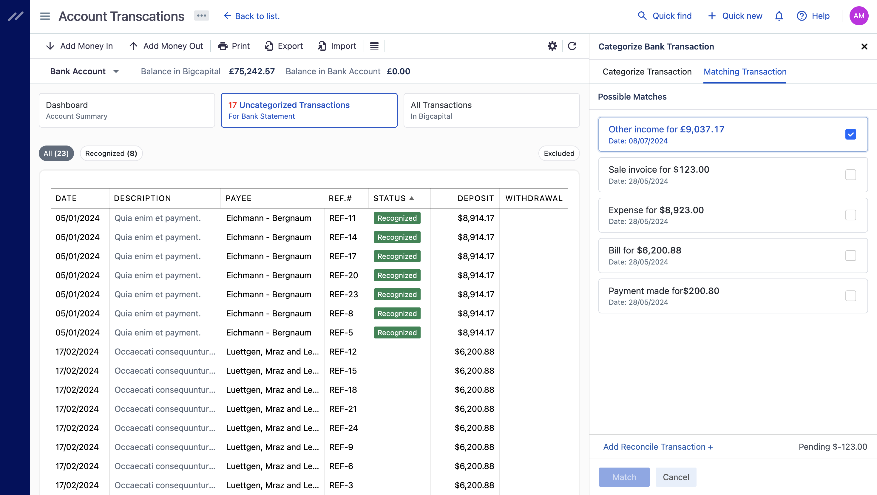 Bank transactions matching