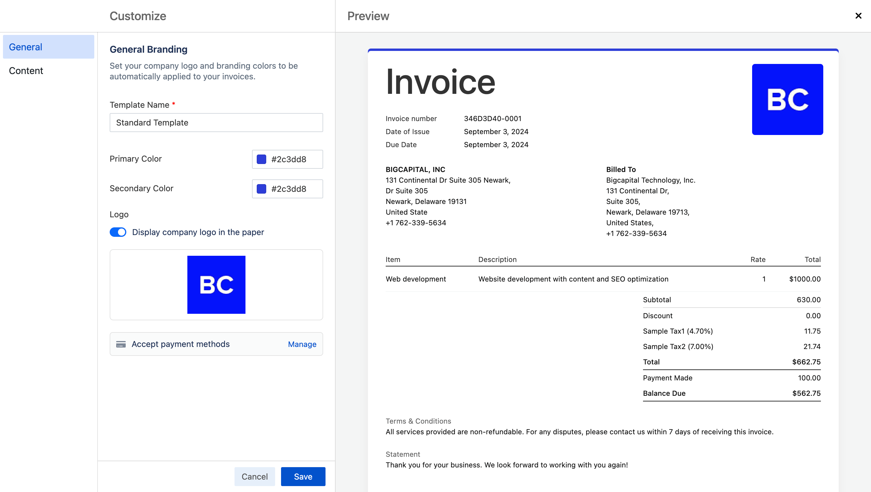 Invoice customization