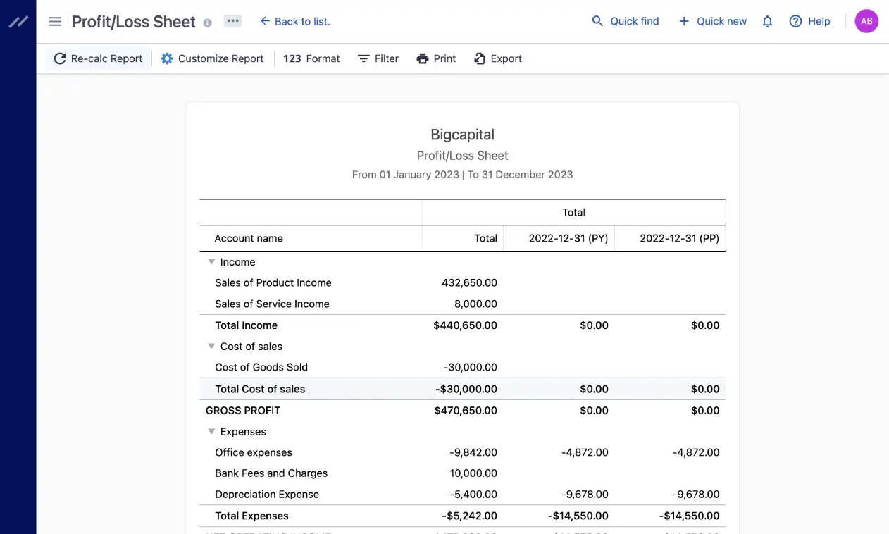 Screenshot of profit/loss sheet in Bigcapital.