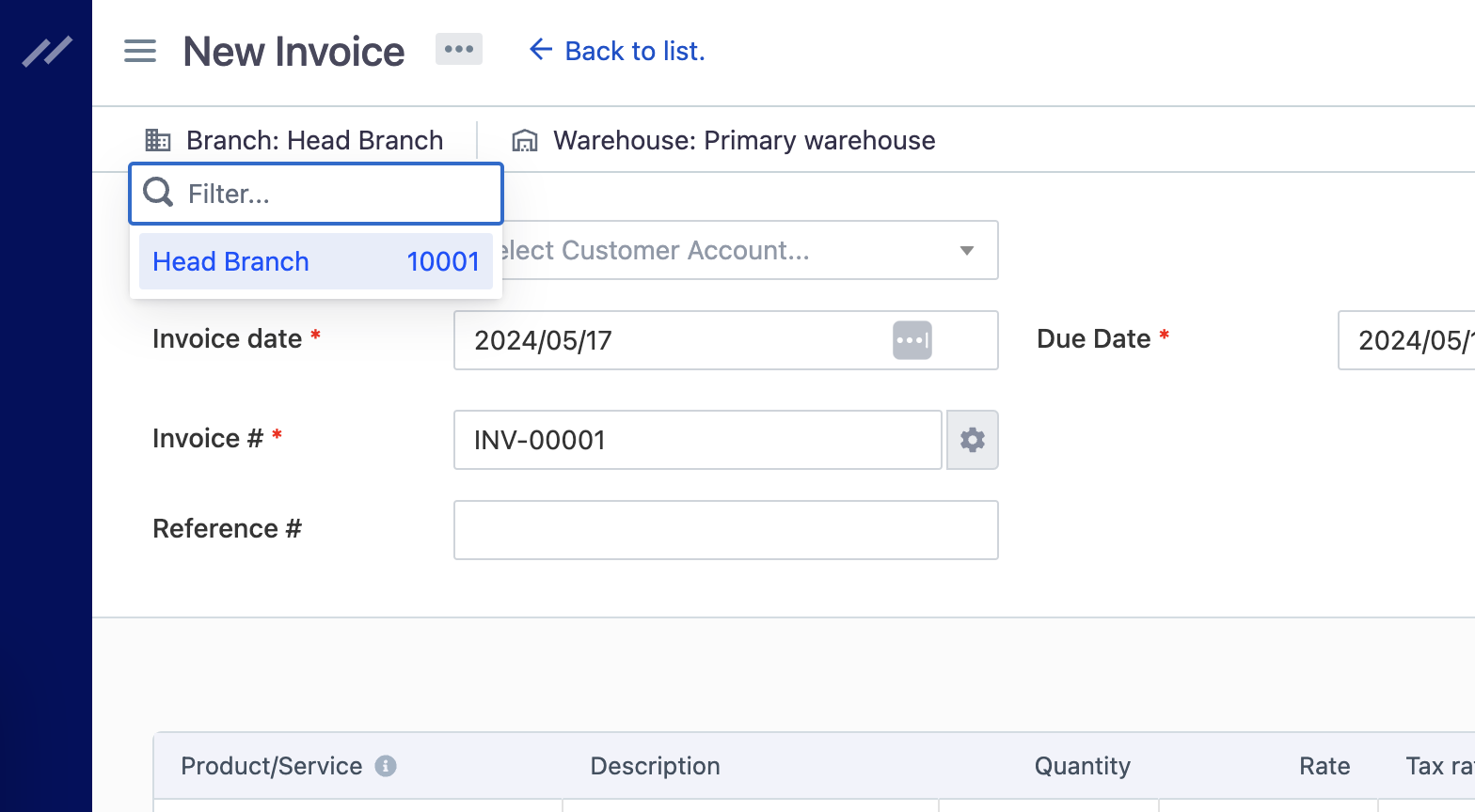 Screenshot of select specific branch and warehouse for better tracking.