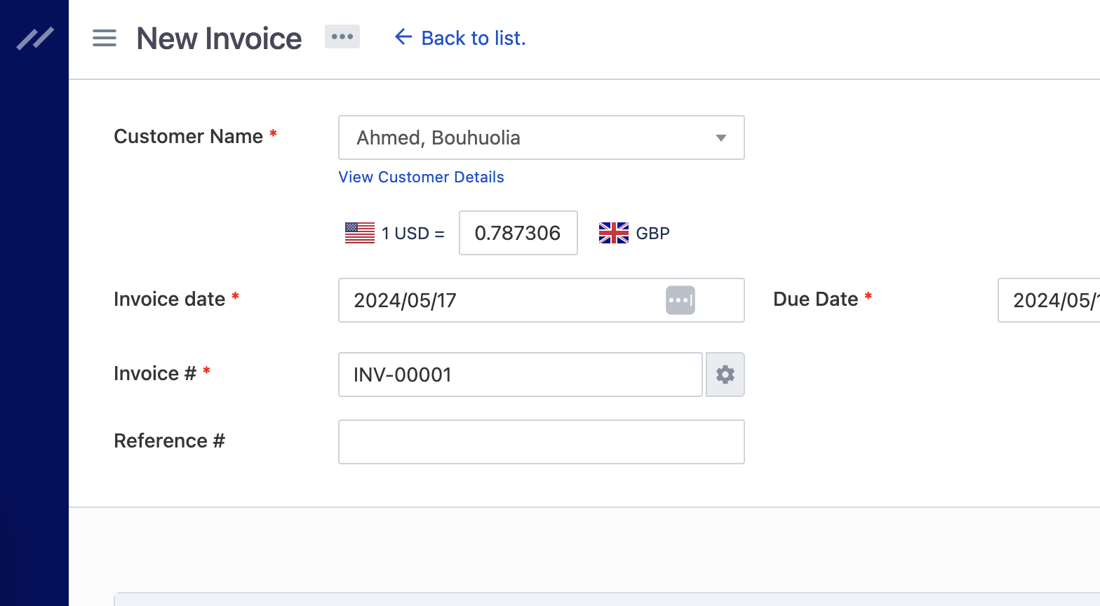 Screenshot of selecting specific customer who has foreign currency.